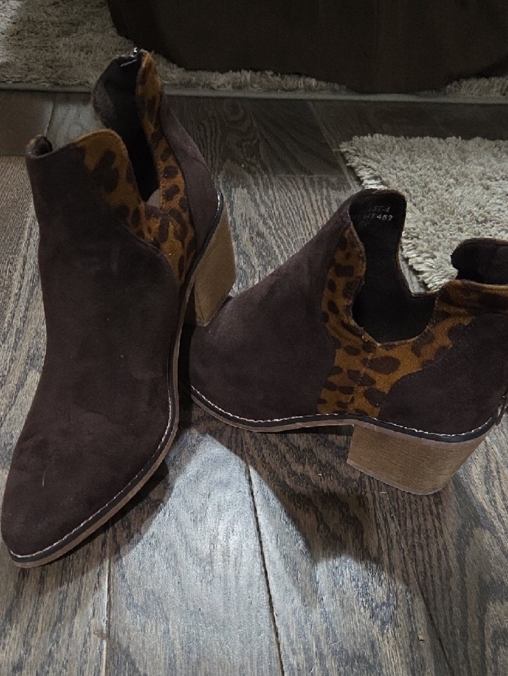 Dark Brown Suede Ankle Booties with Leopard Accent - Picture 3 of 3